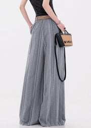 Blue Button Pockets Cotton Wide Leg Pants Elastic Waist