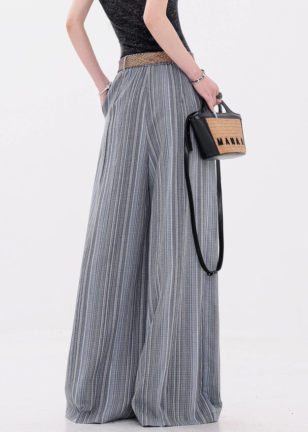 Blue Button Pockets Cotton Wide Leg Pants Elastic Waist