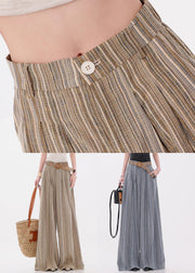 Blue Button Pockets Cotton Wide Leg Pants Elastic Waist
