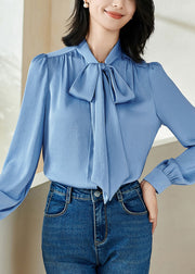 Blue Button Silk Shirts Lace Up Long Sleeve