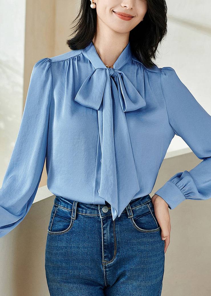 Blue Button Silk Shirts Lace Up Long Sleeve