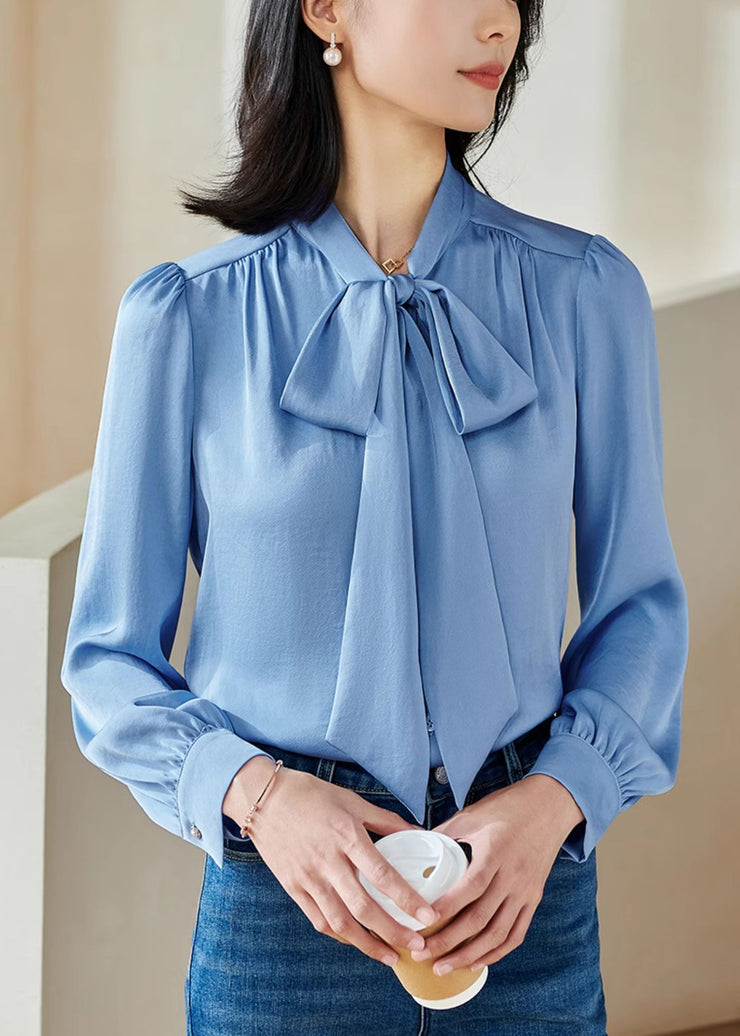 Blue Button Silk Shirts Lace Up Long Sleeve