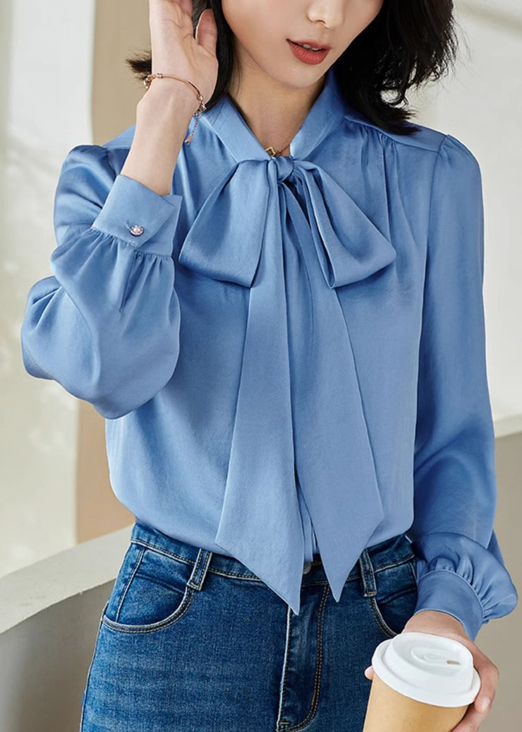Blue Button Silk Shirts Lace Up Long Sleeve