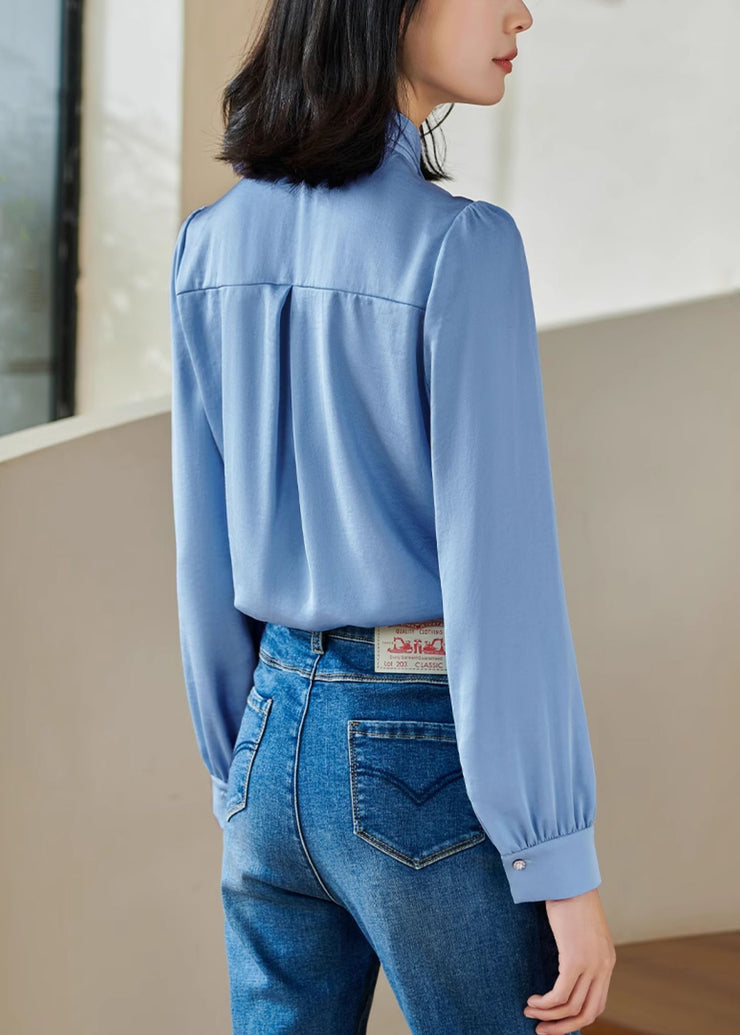 Blue Button Silk Shirts Lace Up Long Sleeve