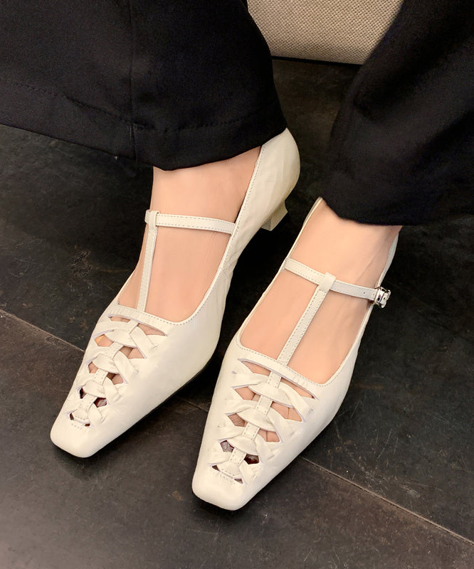 Blue Chunky Heel Cowhide Leather French Splicing Hollow Out