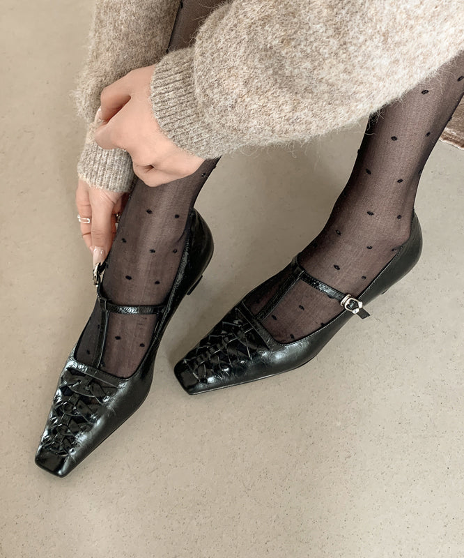 Blue Chunky Heel Cowhide Leather French Splicing Hollow Out