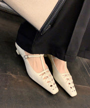 Blue Chunky Heel Cowhide Leather French Splicing Hollow Out