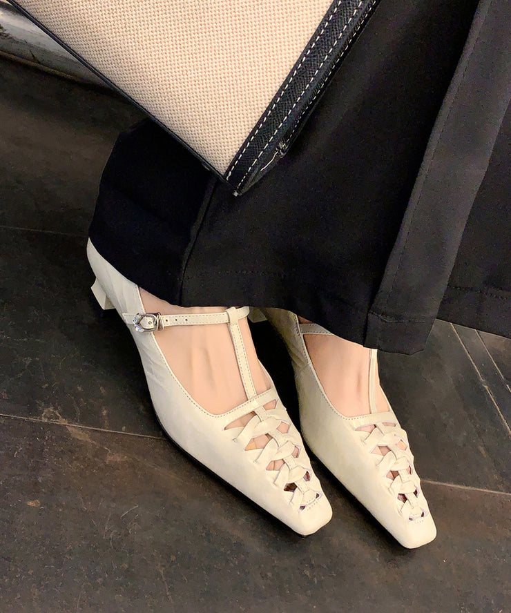Blue Chunky Heel Cowhide Leather French Splicing Hollow Out