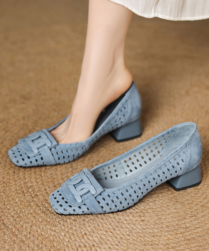 Blue Chunky Heels Suede Elegant Hollow Out Splicing