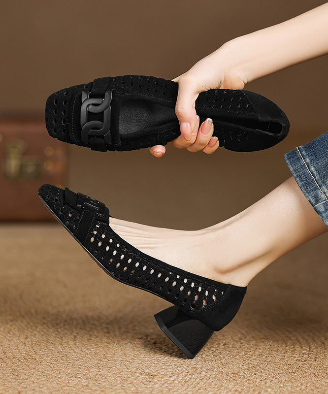 Blue Chunky Heels Suede Elegant Hollow Out Splicing