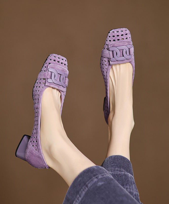 Blue Chunky Heels Suede Elegant Hollow Out Splicing