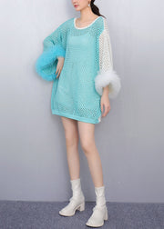 Blue Cozy Patchwork Knit Tops Asymmetrical