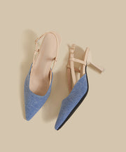 Blue Denim Fabric Splicing Stiletto High Heels Pointed Toe