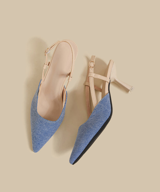 Blue Denim Fabric Splicing Stiletto High Heels Pointed Toe