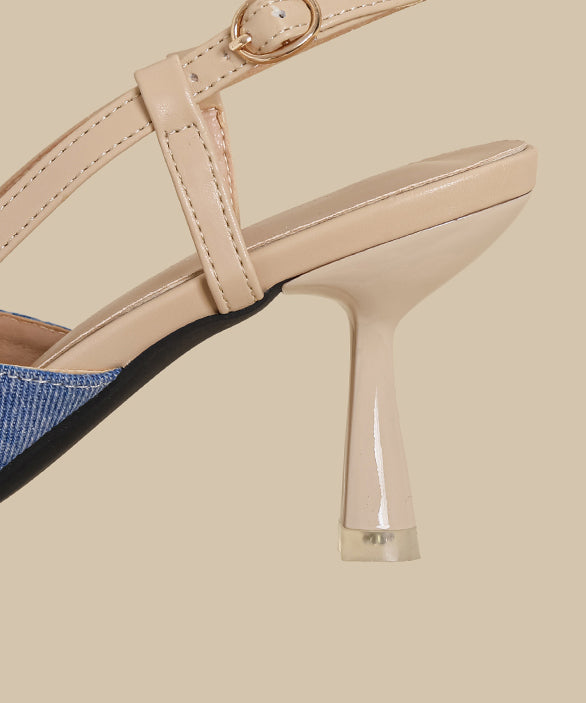 Blue Denim Fabric Splicing Stiletto High Heels Pointed Toe