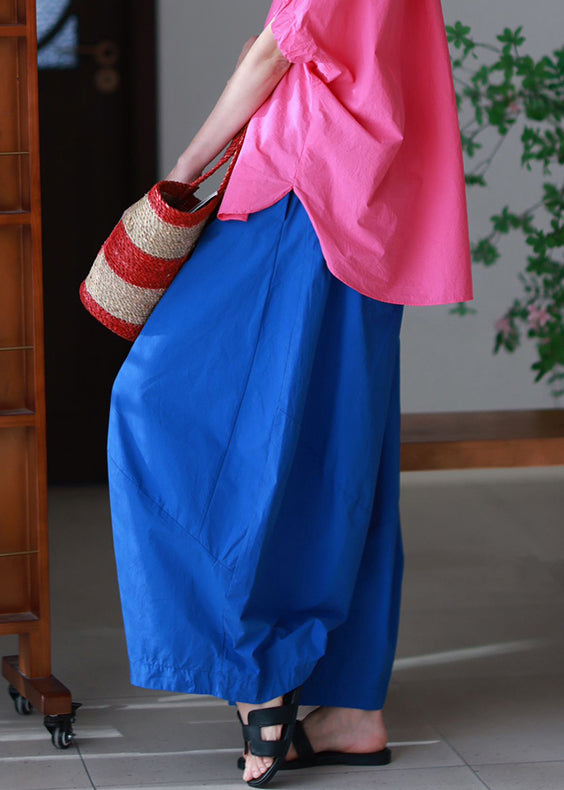 Blue Elastic Waist Loose Cotton Pants Pockets Summer