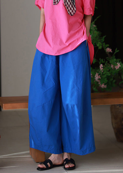 Blue Elastic Waist Loose Cotton Pants Pockets Summer