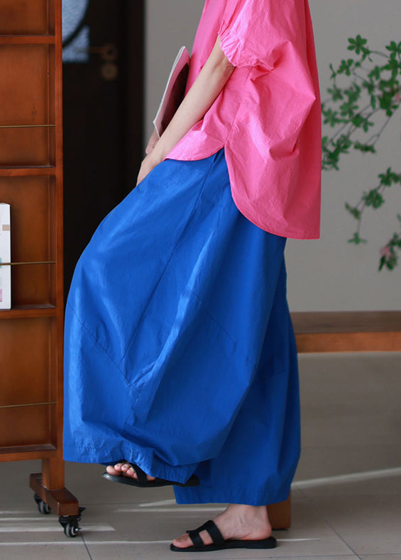Blue Elastic Waist Loose Cotton Pants Pockets Summer