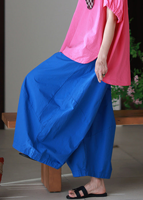 Blue Elastic Waist Loose Cotton Pants Pockets Summer