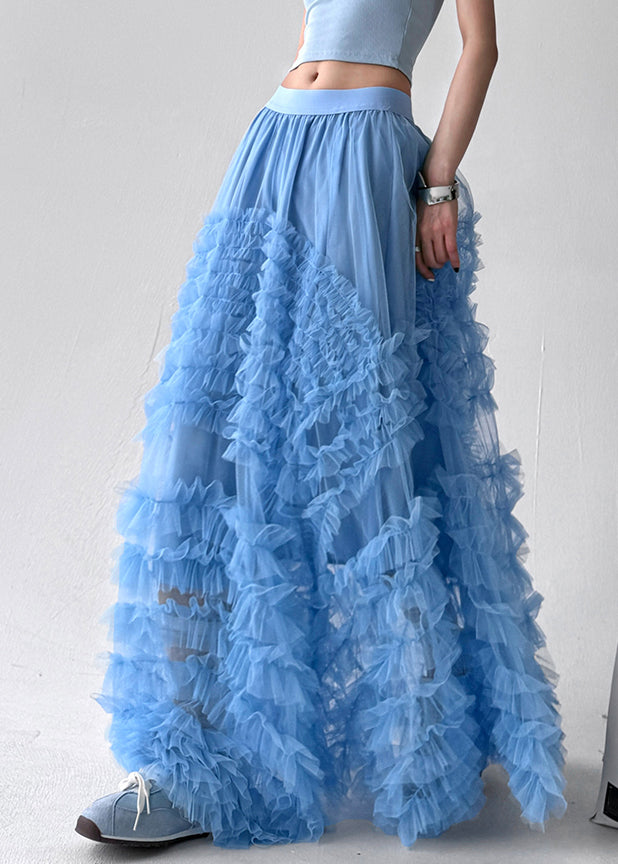 Blue Elastic Waist Solid Tulle Summer Exra Large Hem Skirt Ruffled