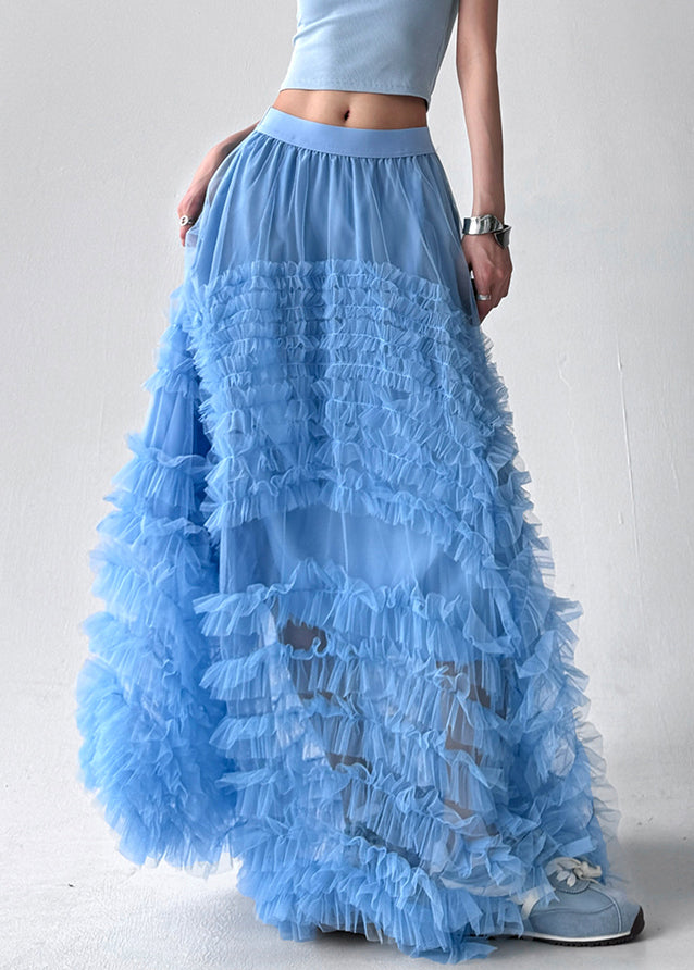 Blue Elastic Waist Solid Tulle Summer Exra Large Hem Skirt Ruffled