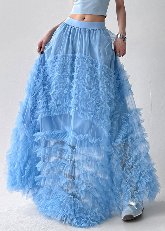 Blue Elastic Waist Solid Tulle Summer Exra Large Hem Skirt Ruffled