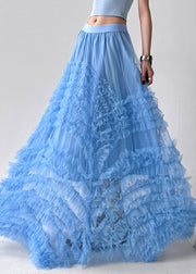 Blue Elastic Waist Solid Tulle Summer Exra Large Hem Skirt Ruffled