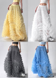 Blue Elastic Waist Solid Tulle Summer Exra Large Hem Skirt Ruffled