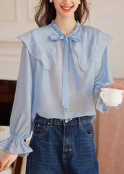 Blue Embroidered Floral Tie Lace Tops Fall