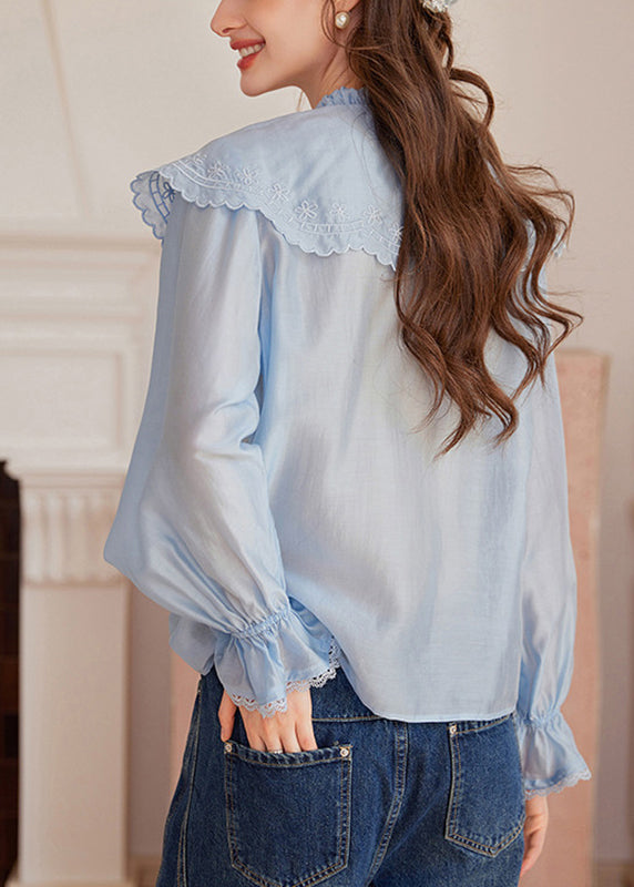 Blue Embroidered Floral Tie Lace Tops Fall