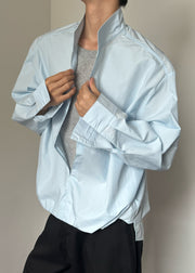 Blue False Two Pieces Cotton Fall Mens Shirts Stand Collar