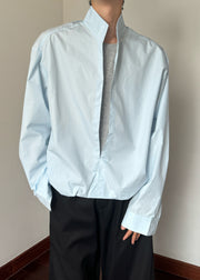 Blue False Two Pieces Cotton Fall Mens Shirts Stand Collar