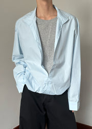 Blue False Two Pieces Cotton Fall Mens Shirts Stand Collar