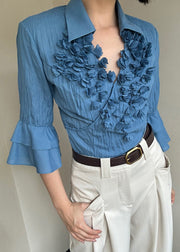 Blue Floral Cotton Shirt Top Peter Pan Collar Flare Sleeve
