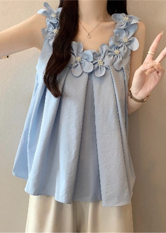 Blue Floral Decorated Cotton Tanks Oversized Sleeveless