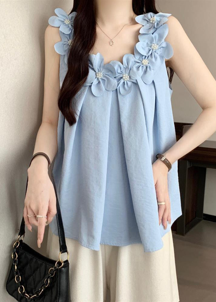 Blue Floral Decorated Cotton Tanks Oversized Sleeveless
