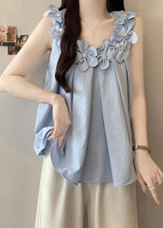 Blue Floral Decorated Cotton Tanks Oversized Sleeveless