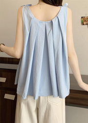 Blue Floral Decorated Cotton Tanks Oversized Sleeveless