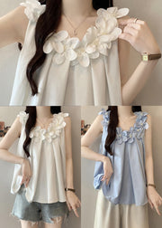 Blue Floral Decorated Cotton Tanks Oversized Sleeveless