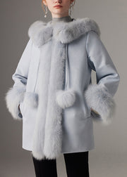 Blue Fox Collar Fine Patchwork Cotton Filled Coat Batwing Sleeve