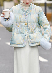 Blue Fur Patchwork Duck Down Down Jacket Embroidered Winter