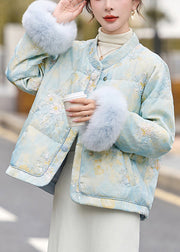 Blue Fur Patchwork Duck Down Down Jacket Embroidered Winter