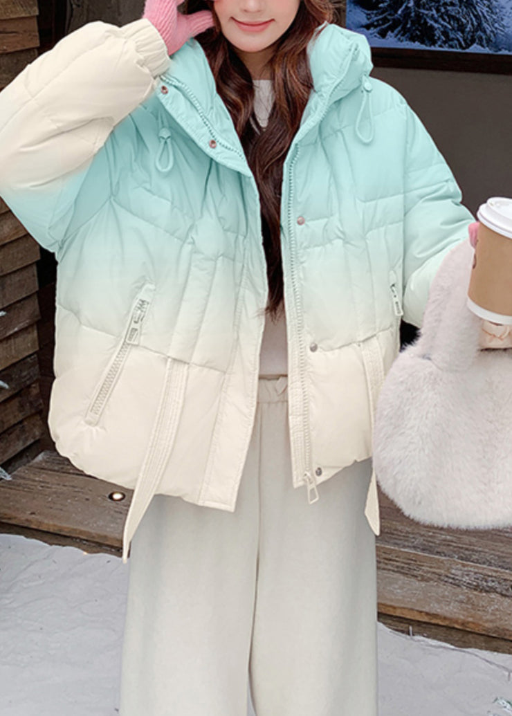 Blue Gradient Color Pockets Drawstring Duck Down Puffer Coat Hooded