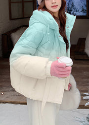 Blue Gradient Color Pockets Drawstring Duck Down Puffer Coat Hooded