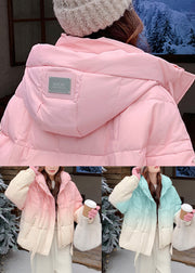 Blue Gradient Color Pockets Drawstring Duck Down Puffer Coat Hooded