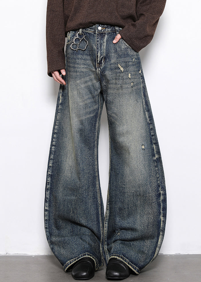 Blue Hole Pockets Denim Men Wide Leg Pants High Waist