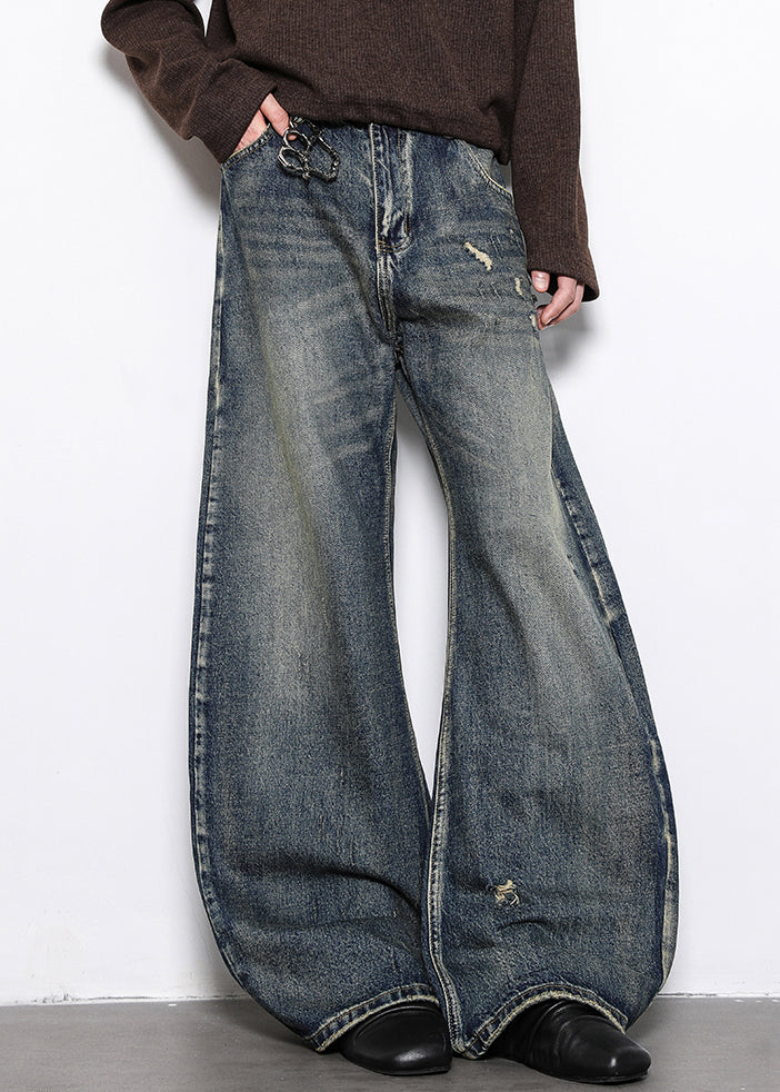 Blue Hole Pockets Denim Men Wide Leg Pants High Waist