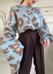 Blue Jacquard Cozy Knit Two Pieces Set O Neck Winter