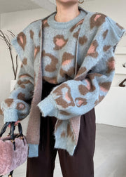 Blue Jacquard Cozy Knit Two Pieces Set O Neck Winter