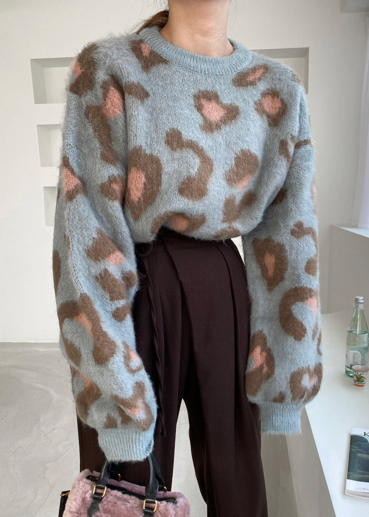 Blue Jacquard Cozy Knit Two Pieces Set O Neck Winter